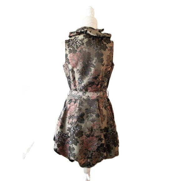 Samuel Dong Pink Floral Brocade Sleeveless Ruffled Dress With Belt SZ S  Bubble - Picture 4 of 12